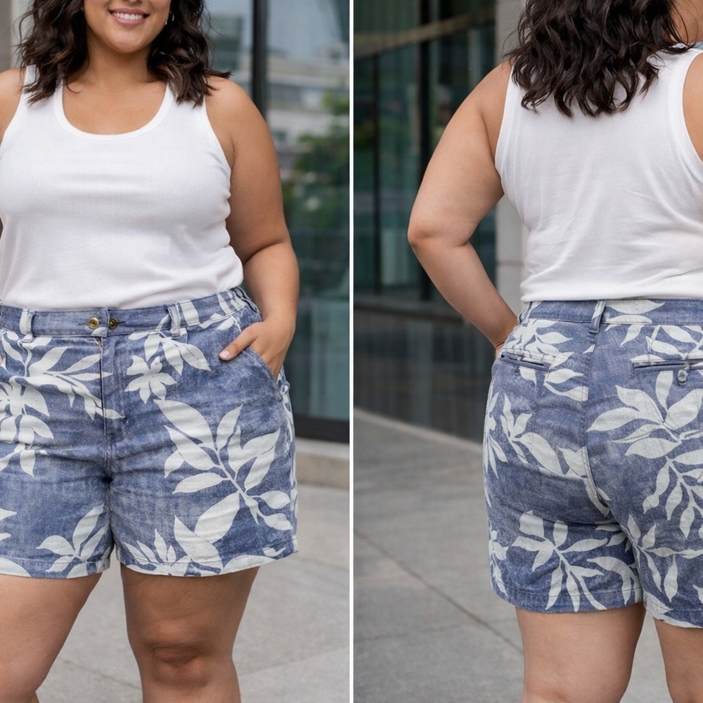 Old Navy Everyday Shorts Women’s 16W Blue White Botanical Print Linen Blend Cont